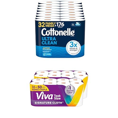 Cottonelle Ultra Clean Toilet Paper 32 Family Mega Rolls and Viva Signature Cloth Paper Towels 16 Family Triple Rolls A428