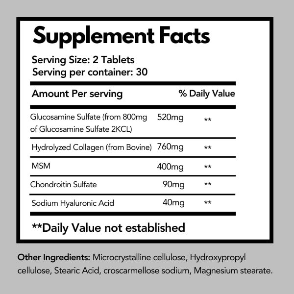 Glucosamine, Chondroitin, MSM, Collagen & Hyaluronic Acid Supplement 60 Tablets H5807