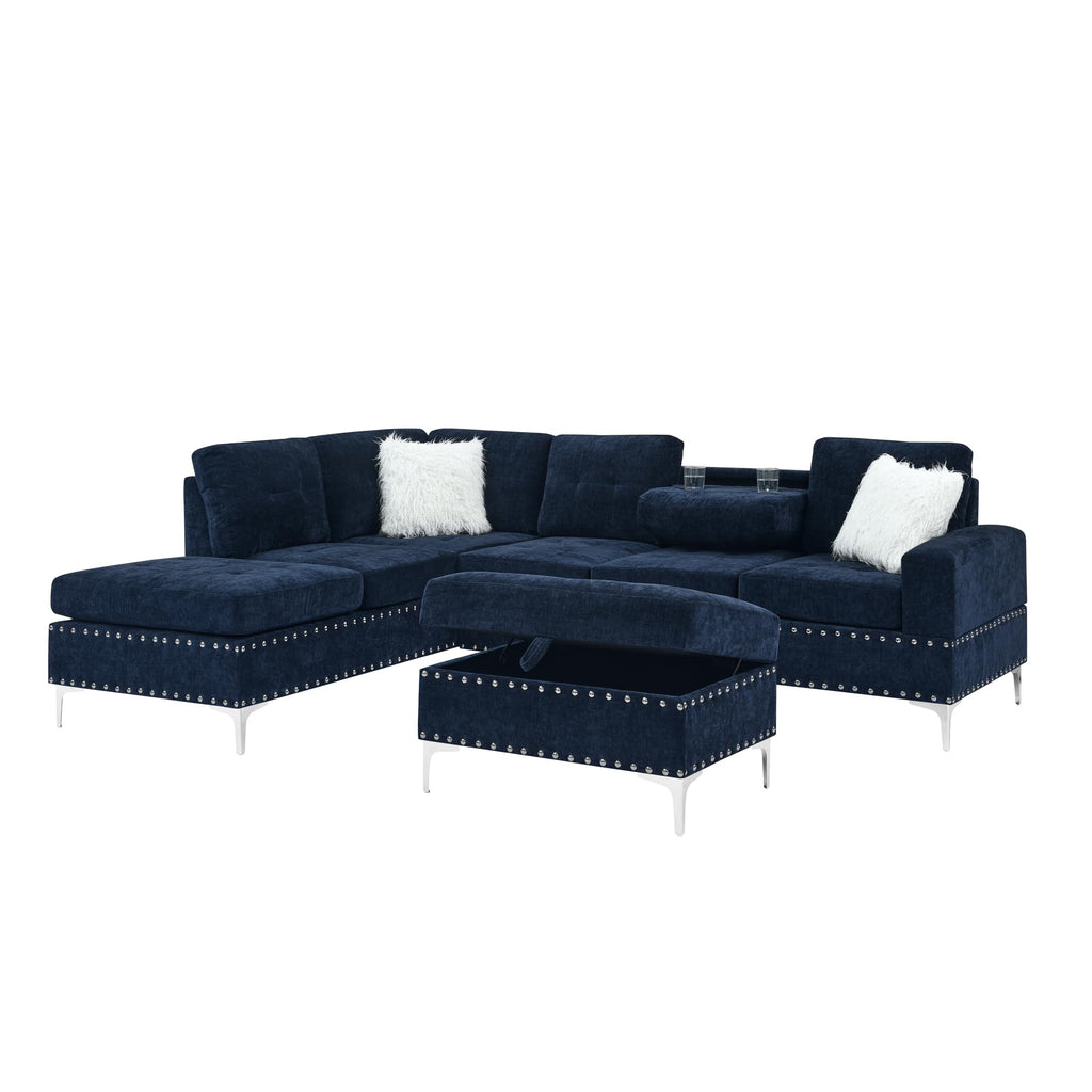 108'' Chenille Navy Blue L-Shaped Sectional Sofa with Storage Ottoman O45356