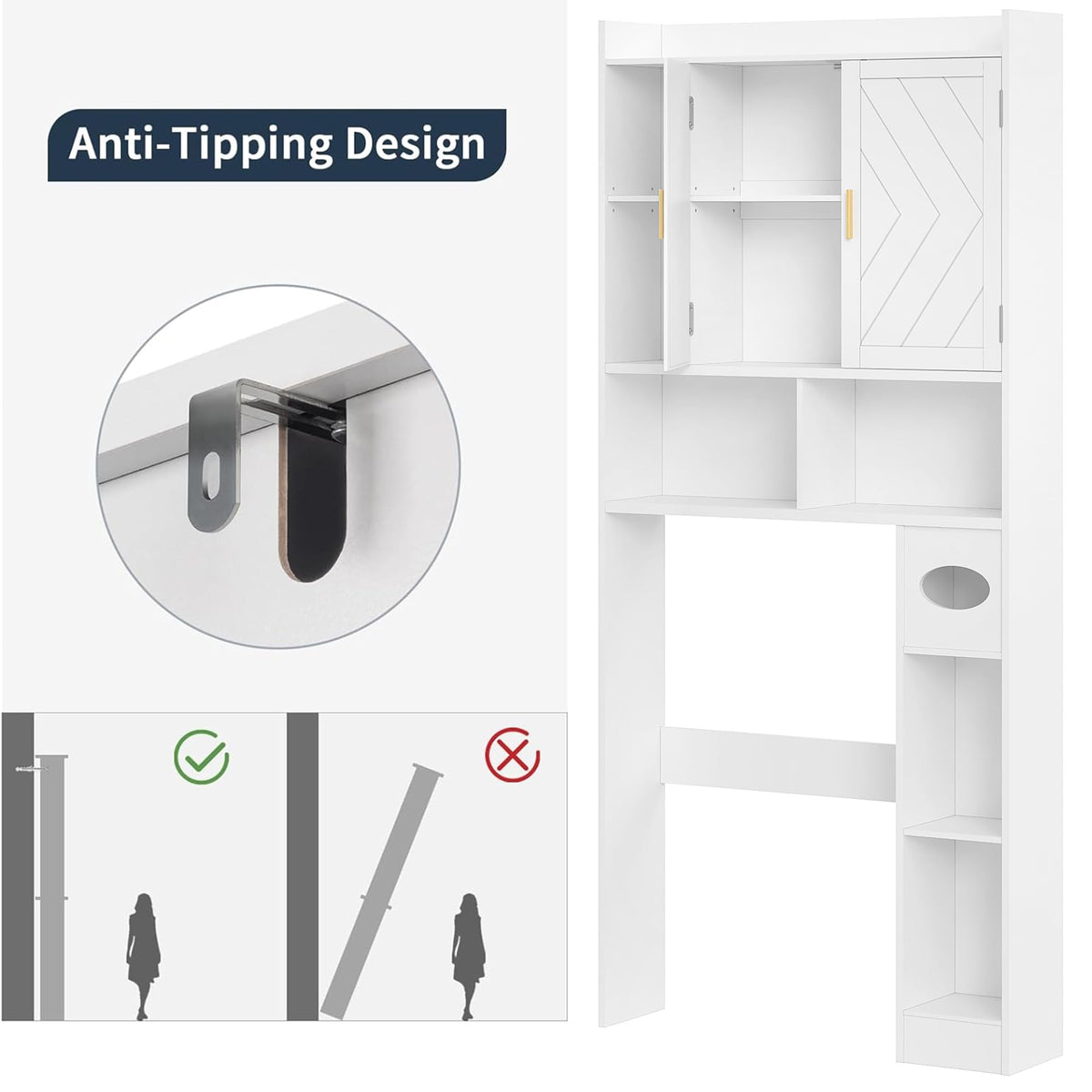 Over The Toilet Storage Cabinet with Adjustable Shelves and Toilet Paper Holder Stand White B618