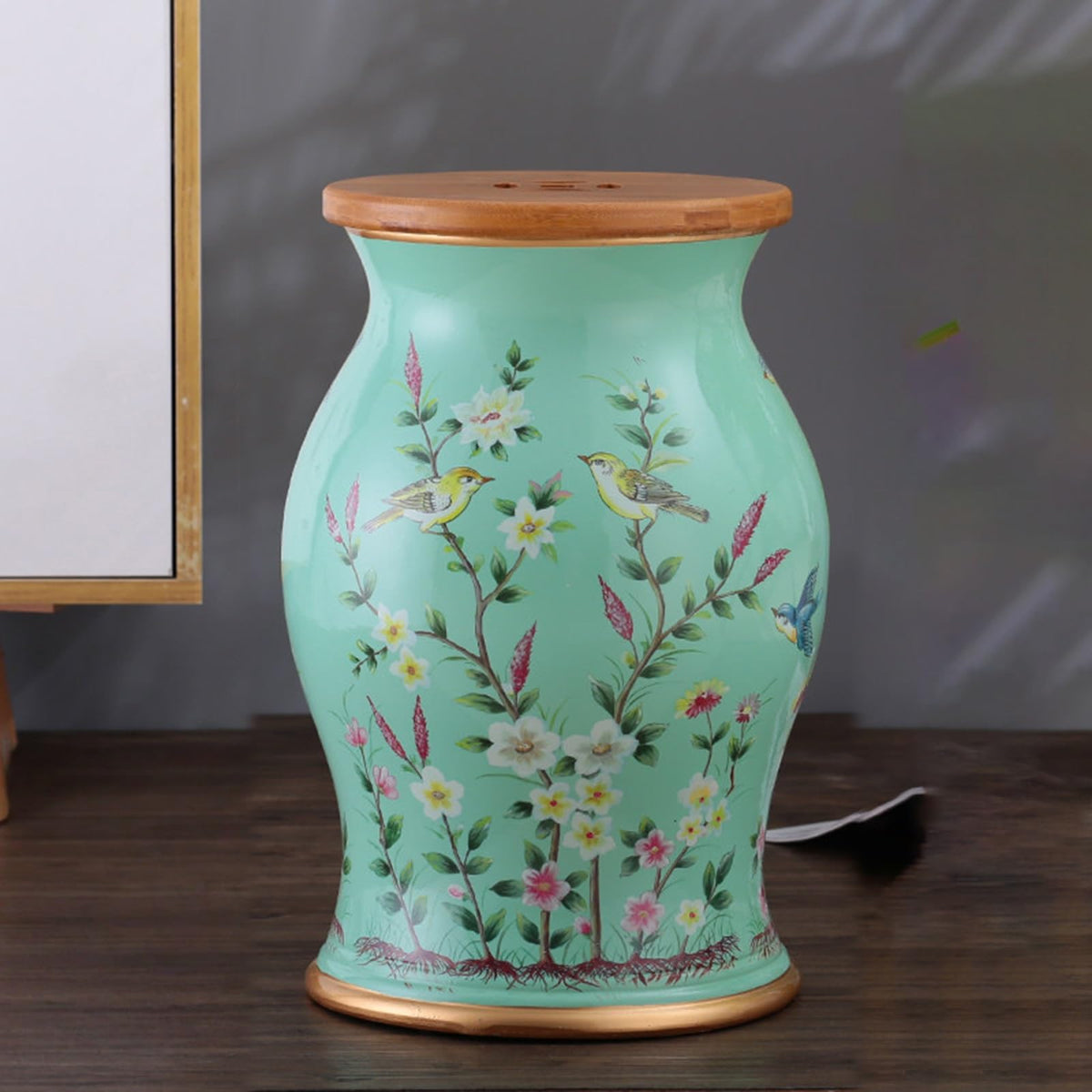 Ceramic Garden Stool Floral Bird Drum Accent Table Teal B49068