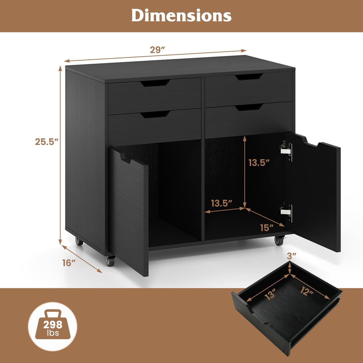 Black 4-Drawer Rolling File Cabinet V4881