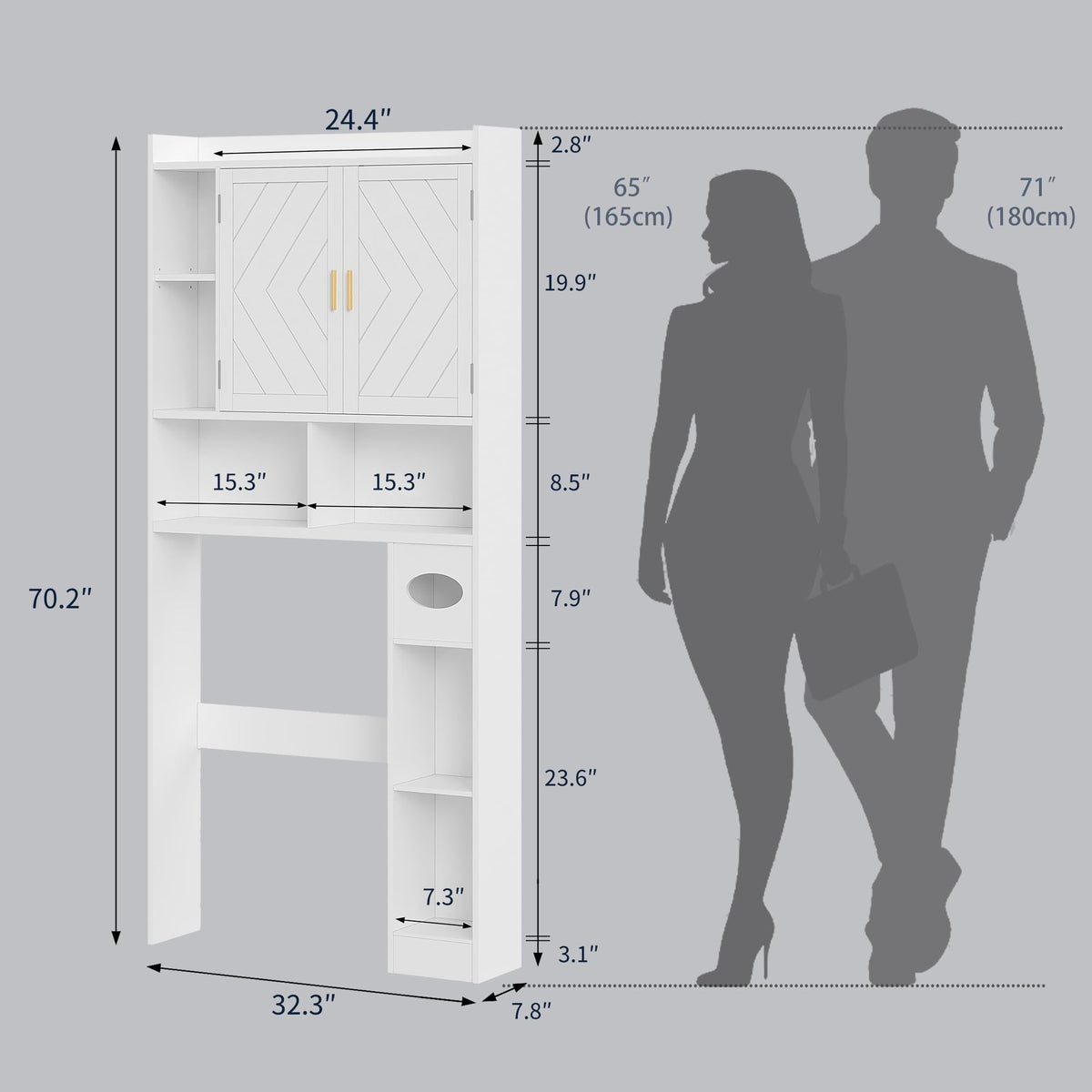 Over The Toilet Storage Cabinet with Adjustable Shelves and Toilet Paper Holder Stand White B618