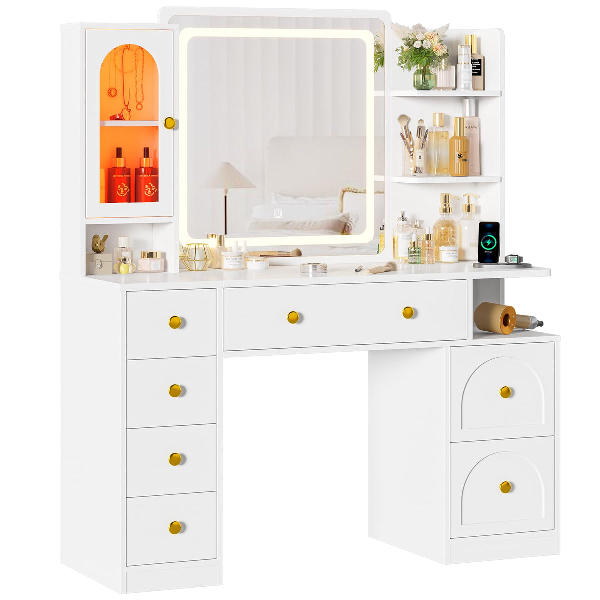 White Vanity Desk with Mirror and LED Lights H602