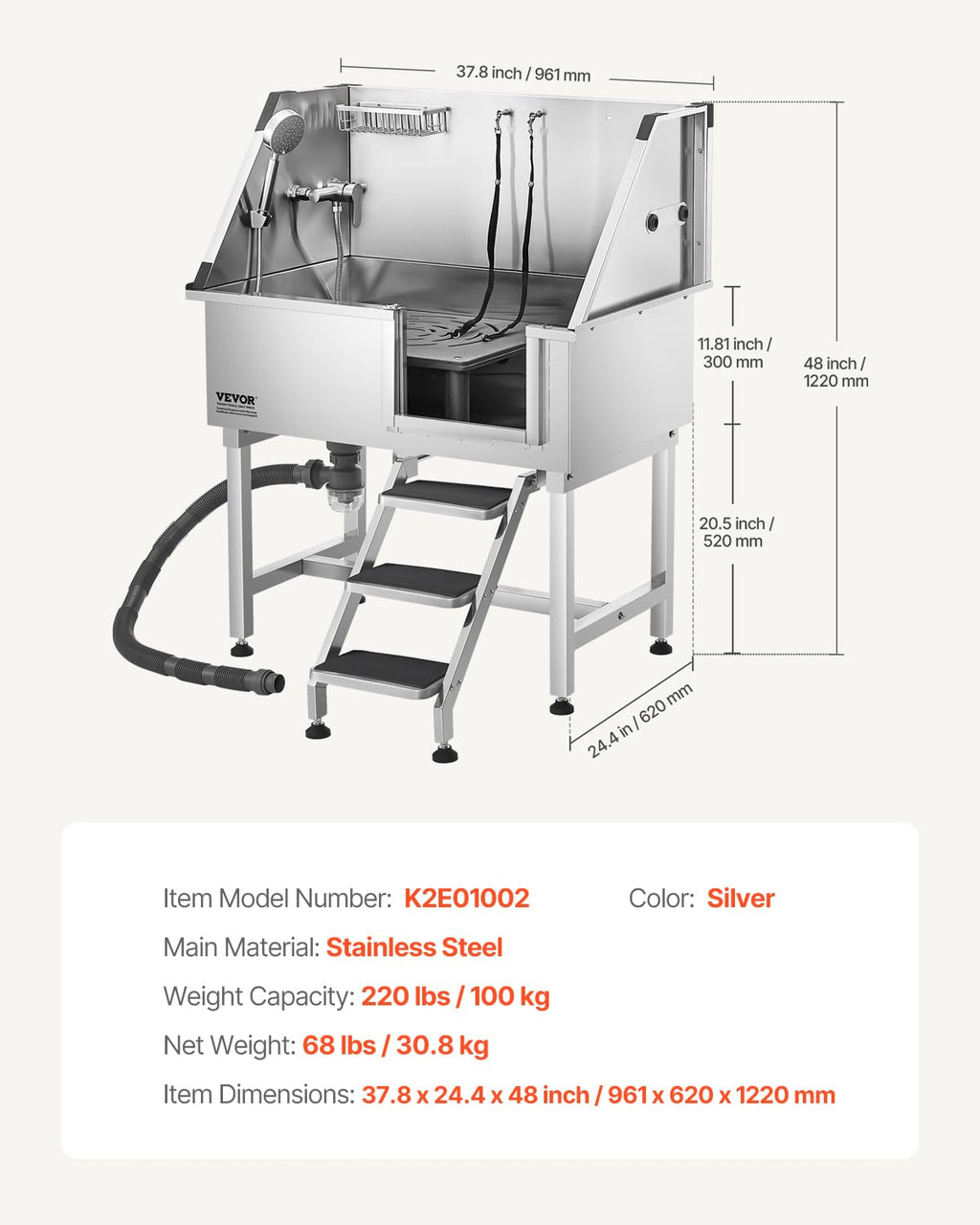 38 Inch Stainless Steel Dog Washing Station with Hot & Cold Faucet T7547