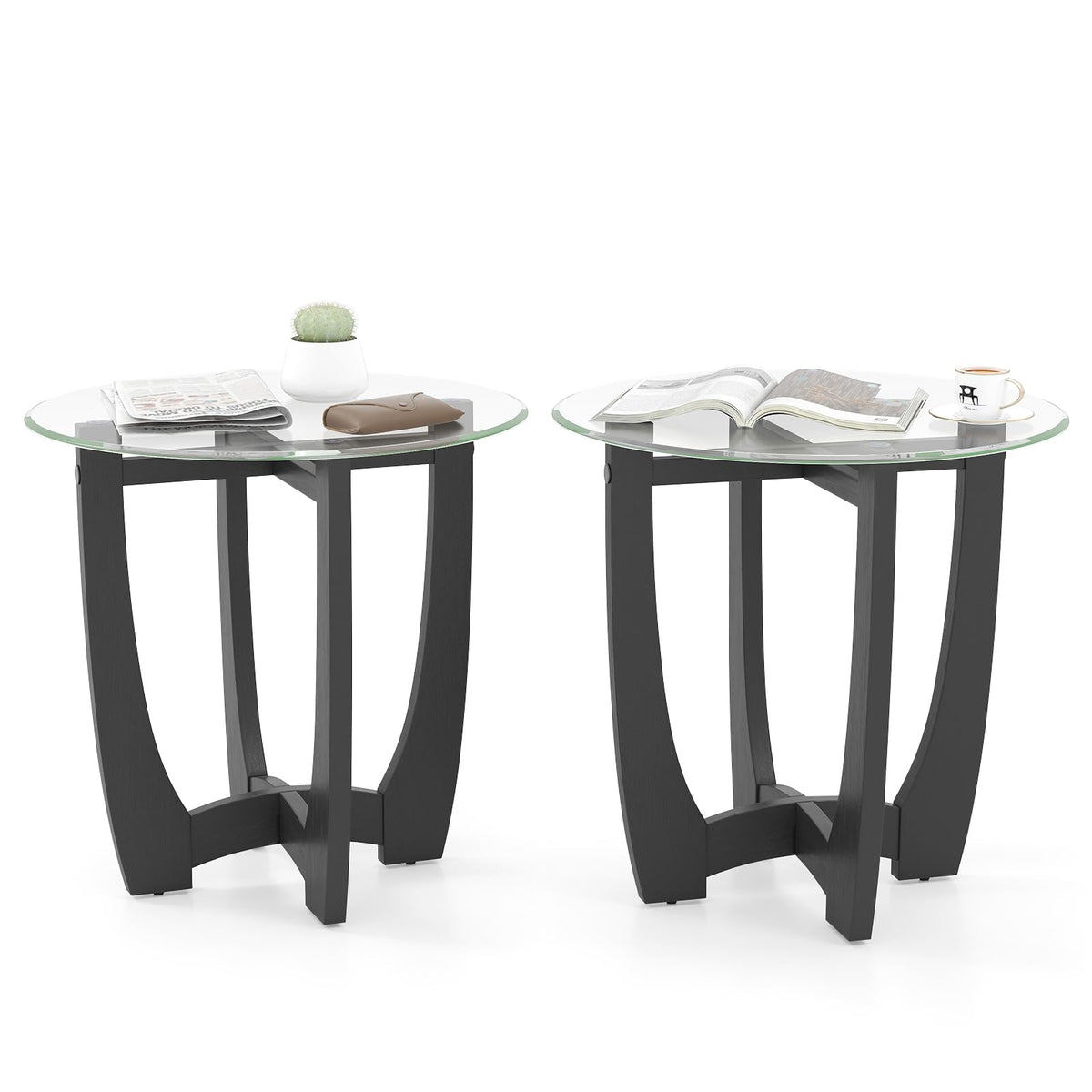 Glass Round End Table Set of 2, 23.5" Black O8119