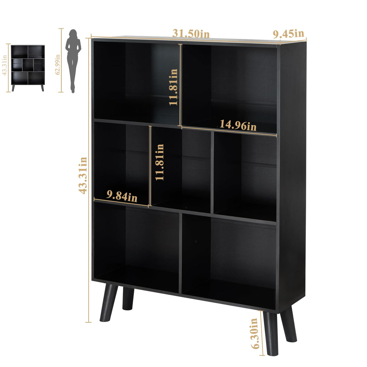 Black 3 Tier Wood Bookshelf U9748
