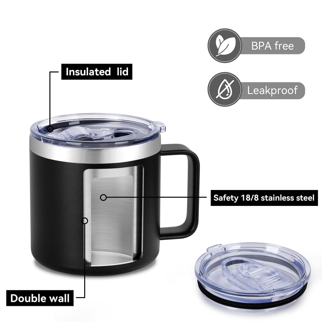 14 oz Insulated Stainless Steel Travel Coffee Mug with Handle and Lid W76726