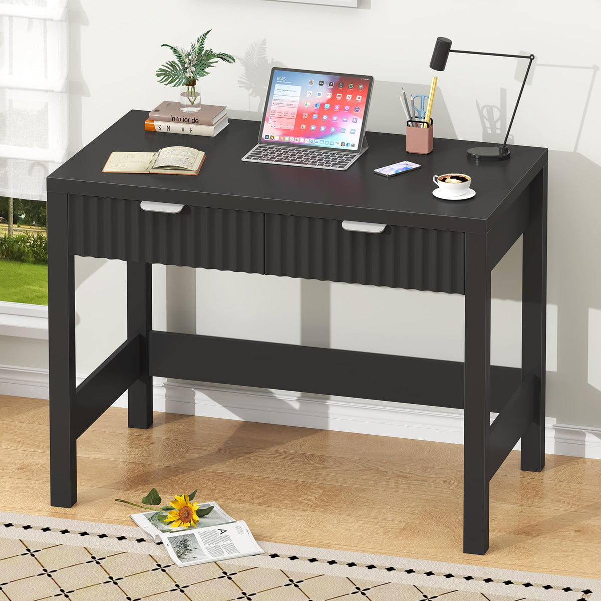 32 Inch Fluted Computer Desk with 2 Drawers D3836