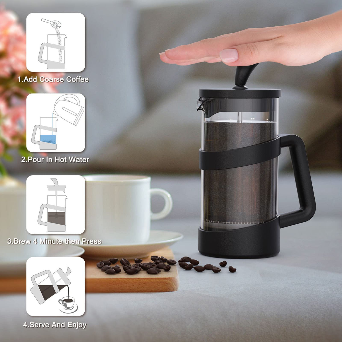 Mini French Press Coffee Maker, 12 oz, Black H864