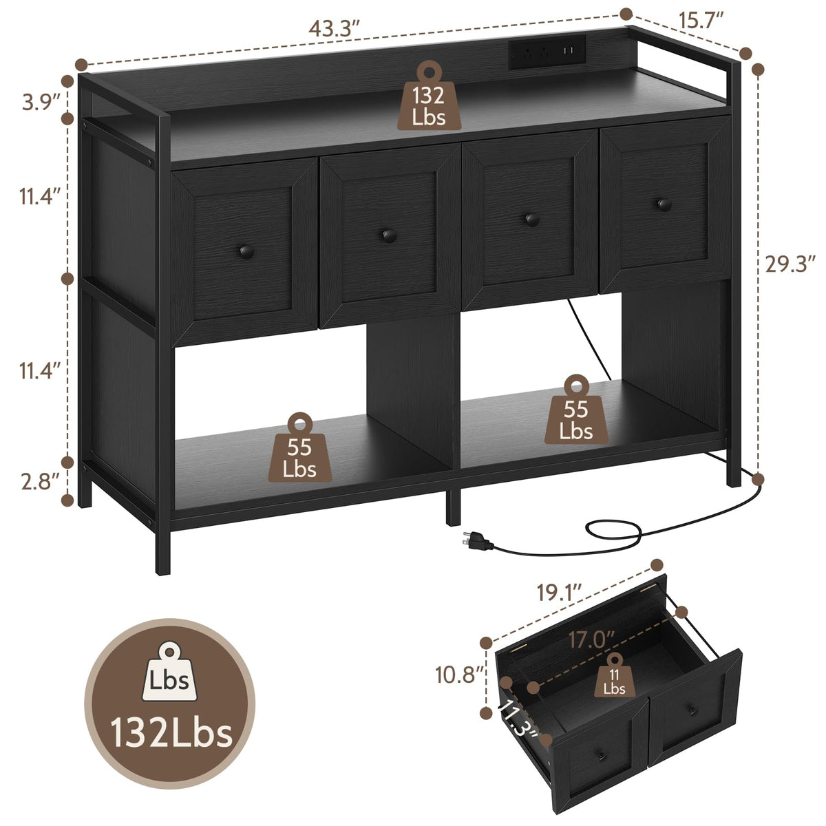 Black 2 Drawer Wood File Cabinet with Power Outlet P134890