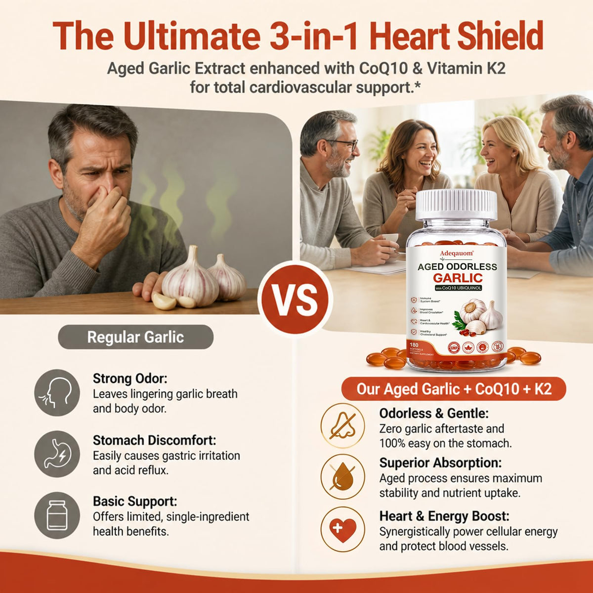 Aged Garlic Extract 1200 mg Softgels with CoQ10 Ubiquinol & Vitamin K2 180 Counts U93790
