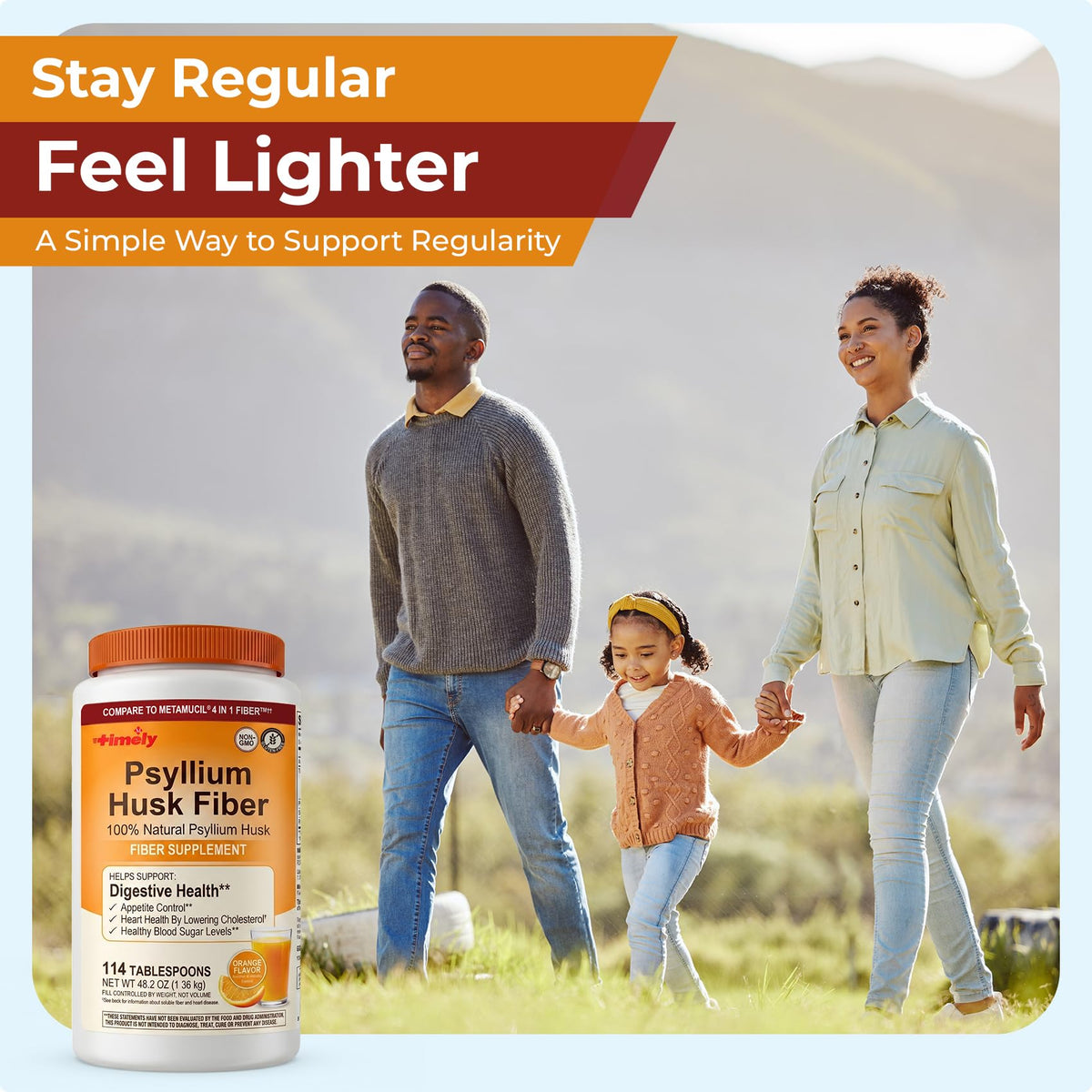 Psyllium Husk Powder Fiber Supplement Orange Flavor 48.2 oz L664