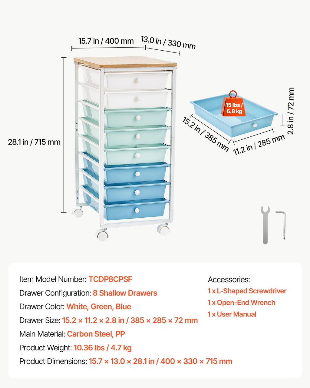 8 Drawer Rolling Storage Cart with Wood Top Y5191