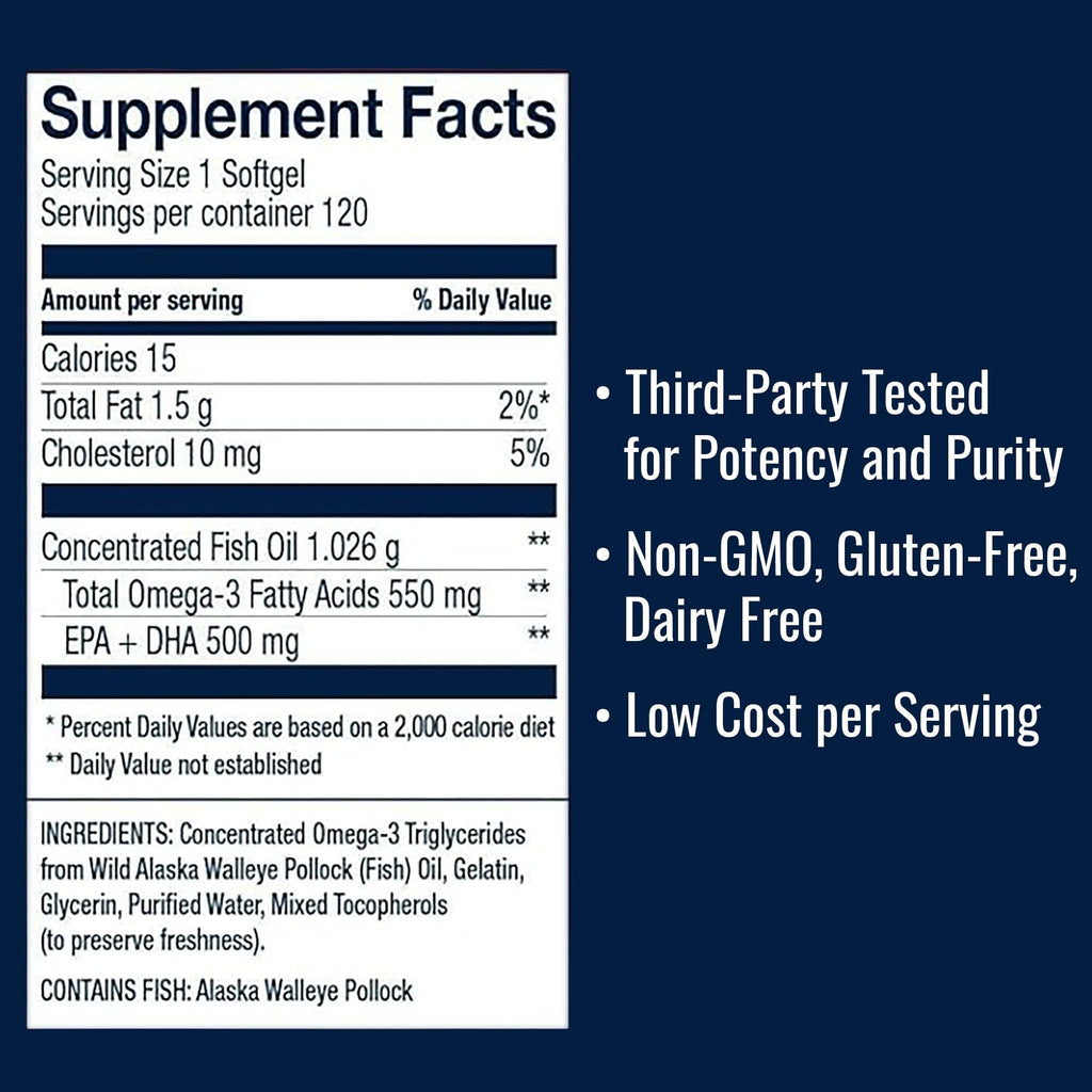 Omega-3 Fish Oil 550mg 120 Servings Wild Caught Alaska Pollock Triglyceride Form W8802