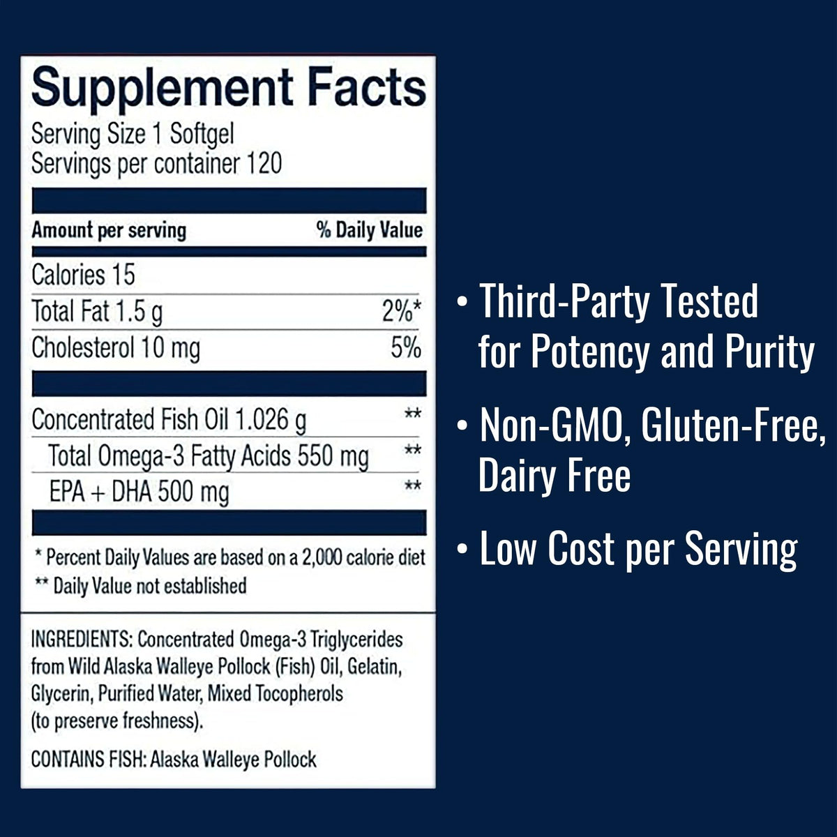 Omega-3 Fish Oil 550mg 120 Servings Wild Caught Alaska Pollock Triglyceride Form W8802