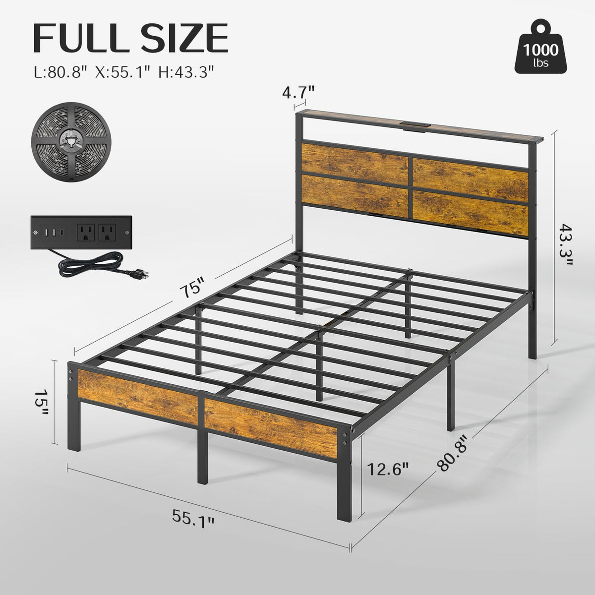 Full Size Platform Bed Frame with Charging Station Headboard and LED Lights T37352