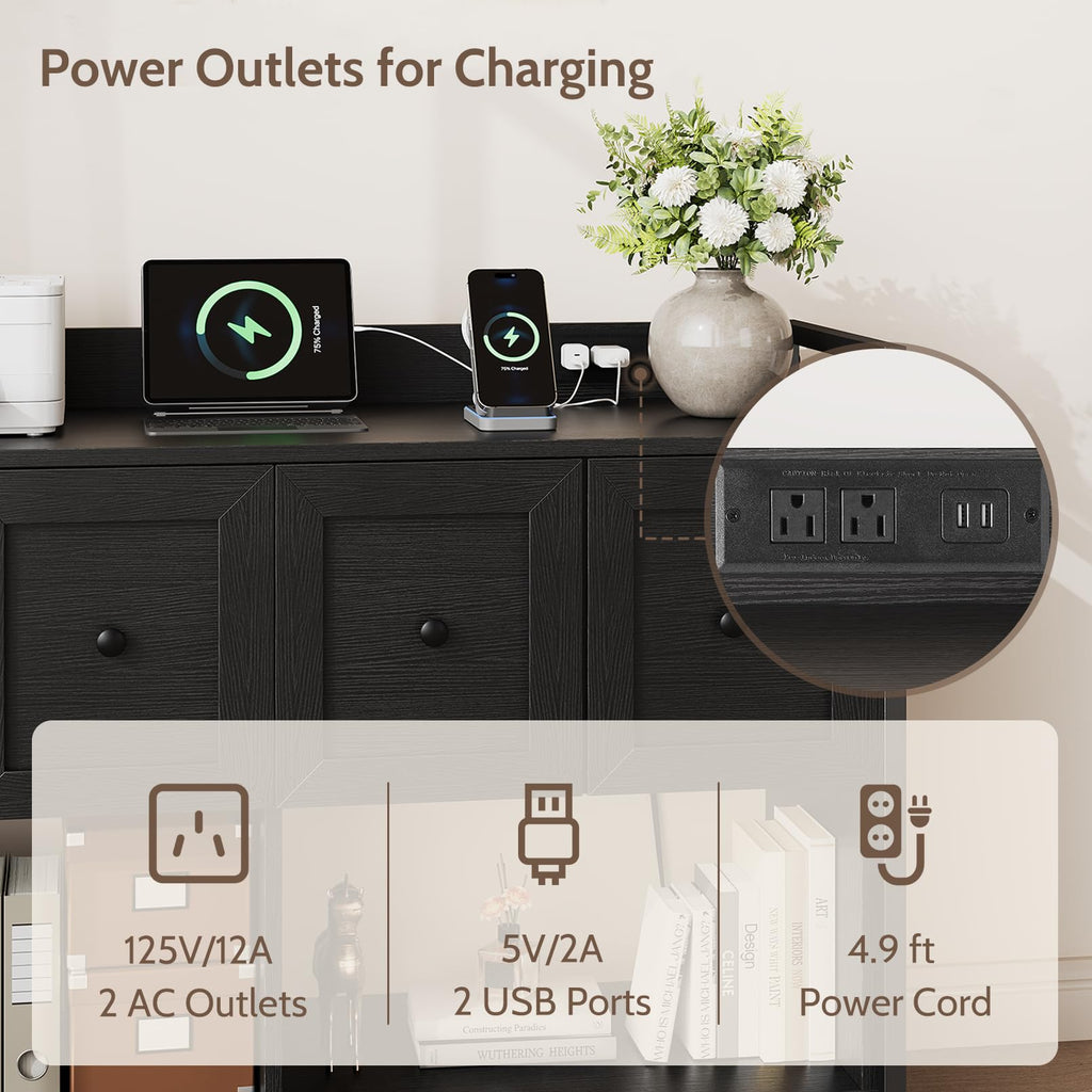 Black 2 Drawer Wood File Cabinet with Power Outlet P134890