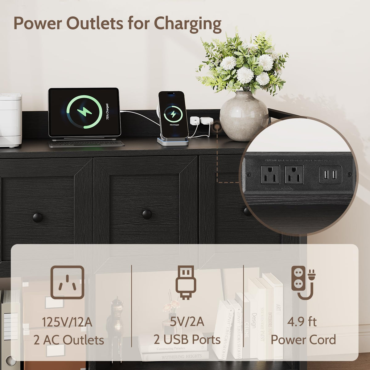 Black 2 Drawer Wood File Cabinet with Power Outlet P134890
