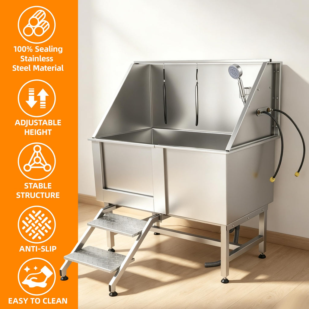304 Stainless Steel Dog Washing Station with Stairs and 2 Drawers Z18061
