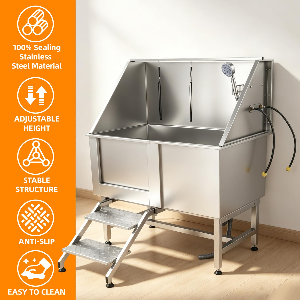 304 Stainless Steel Dog Washing Station with Stairs and 2 Drawers Z18061