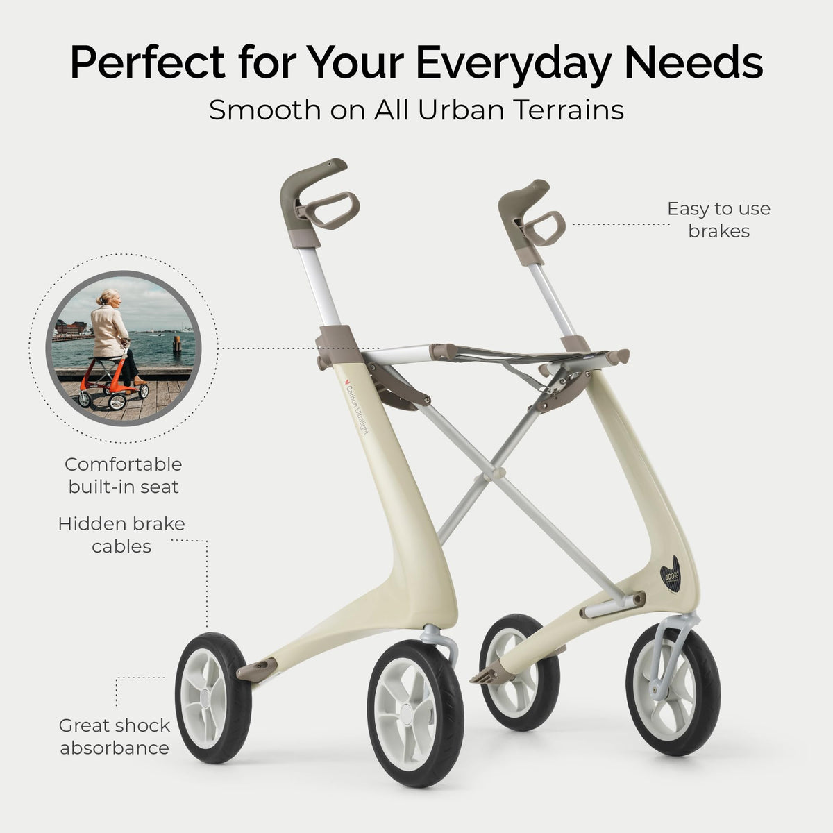 Carbon Ultralight Rollator Walker, 10.6 lbs, Oyster White, Compact P937
