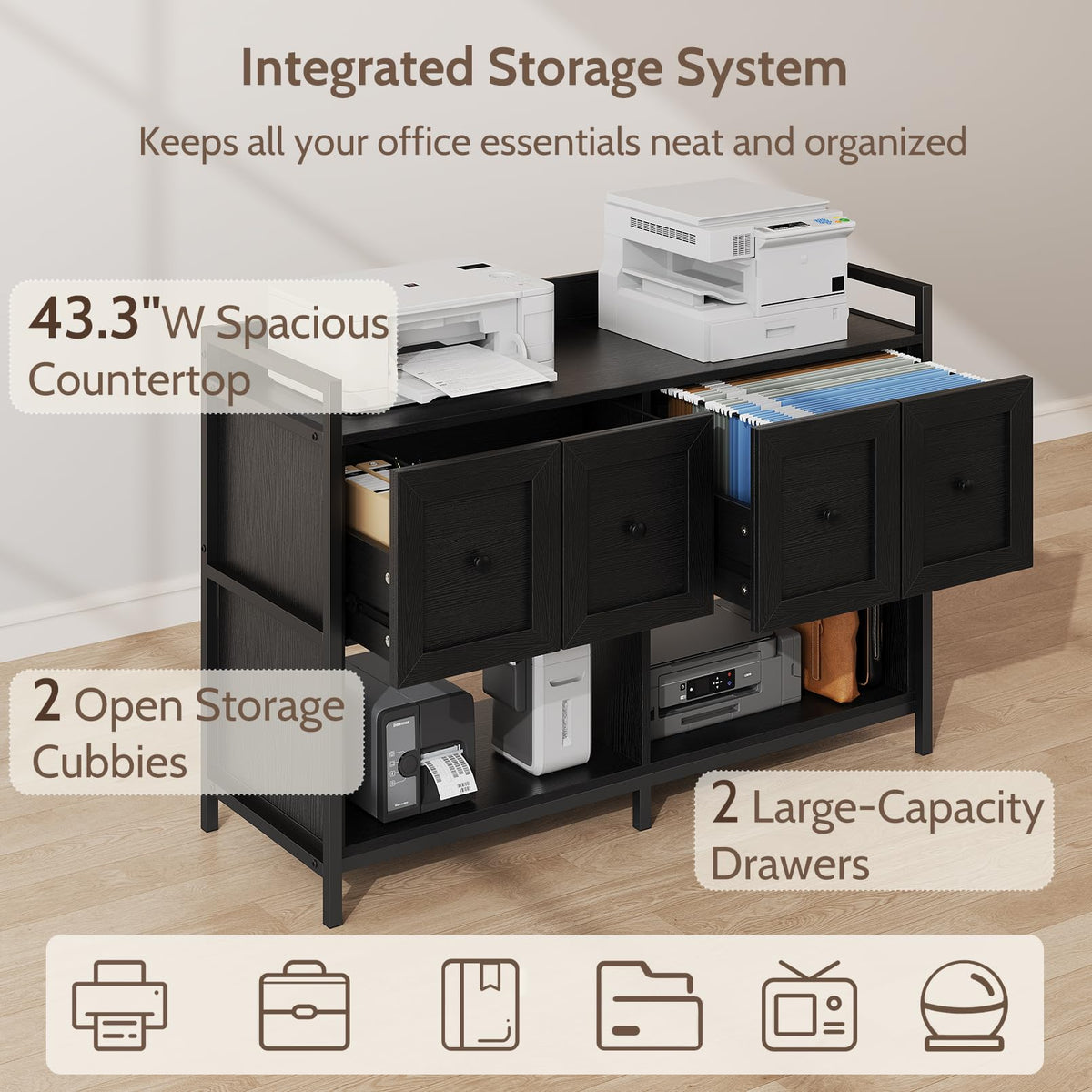 Black 2 Drawer Wood File Cabinet with Power Outlet P134890