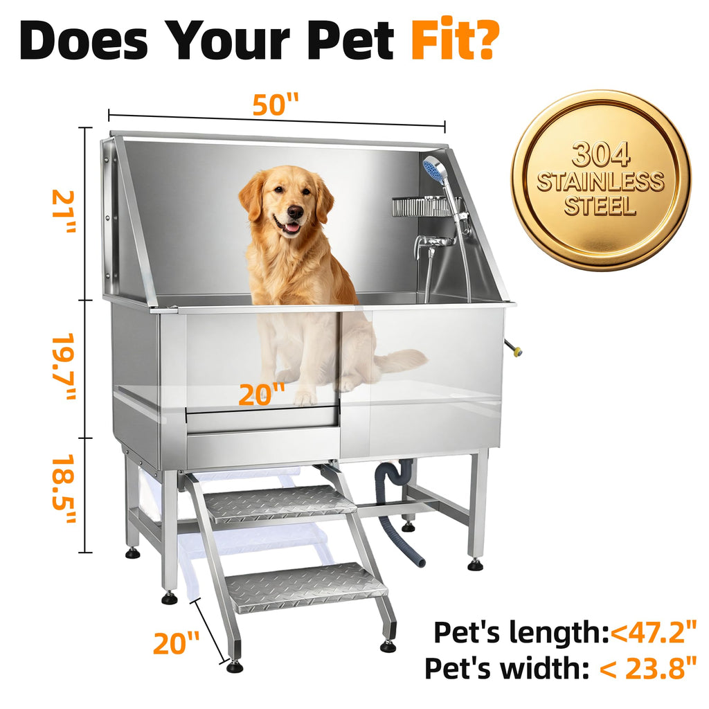 304 Stainless Steel Dog Washing Station with Stairs and 2 Drawers Z18061