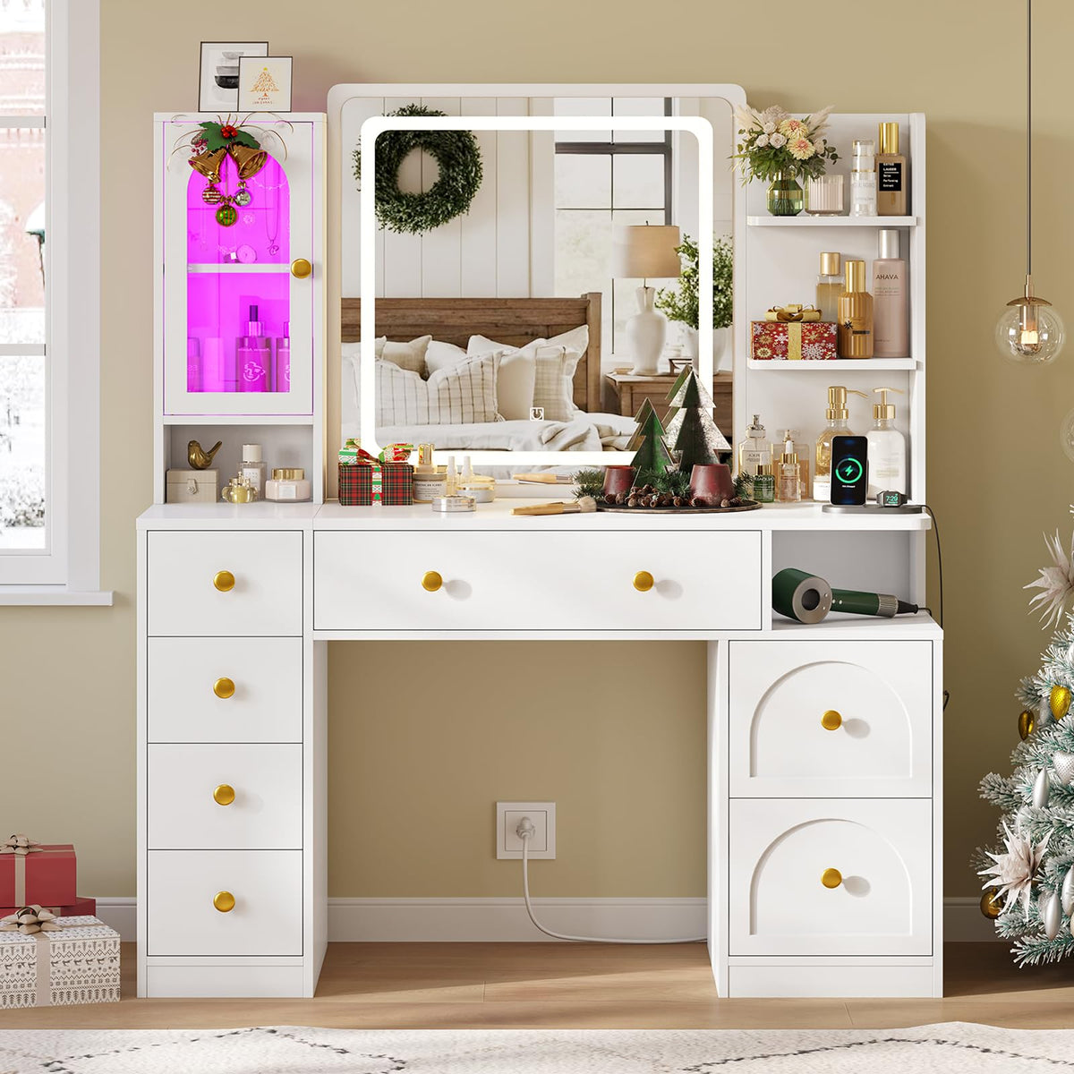 White Vanity Desk with Mirror and LED Lights H602