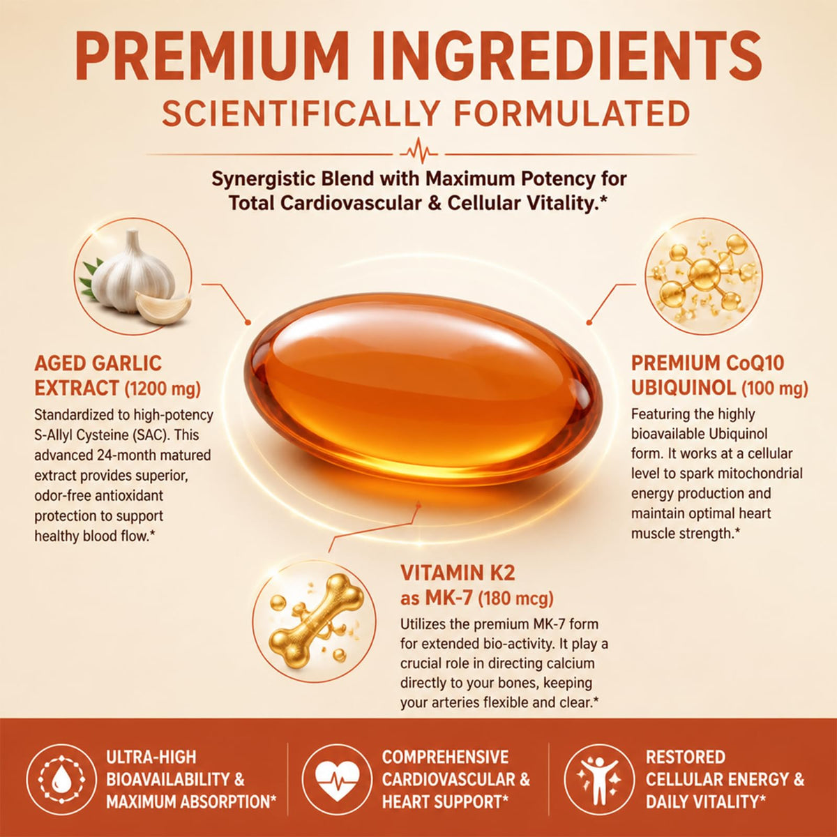 Aged Garlic Extract 1200 mg Softgels with CoQ10 Ubiquinol & Vitamin K2 180 Counts U93790
