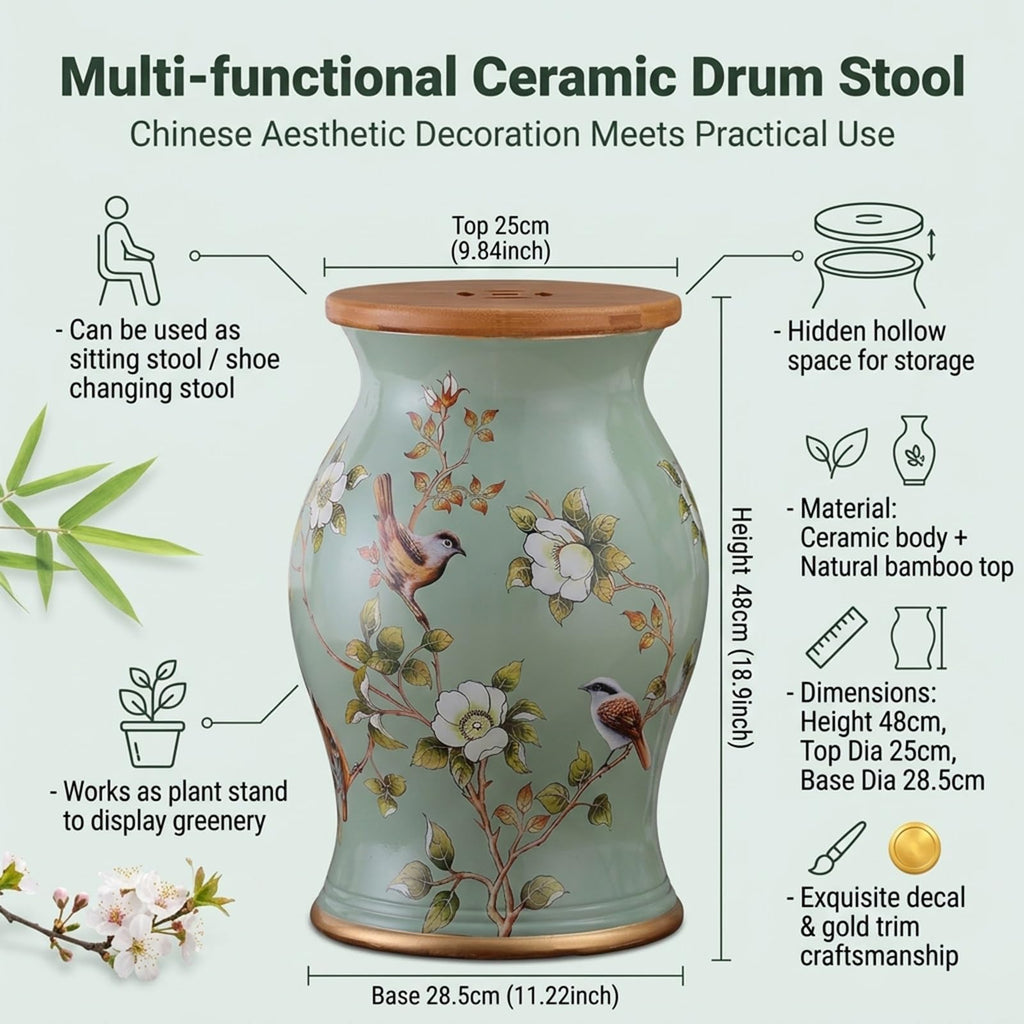 Ceramic Garden Stool Floral Bird Drum Accent Table Teal B49068