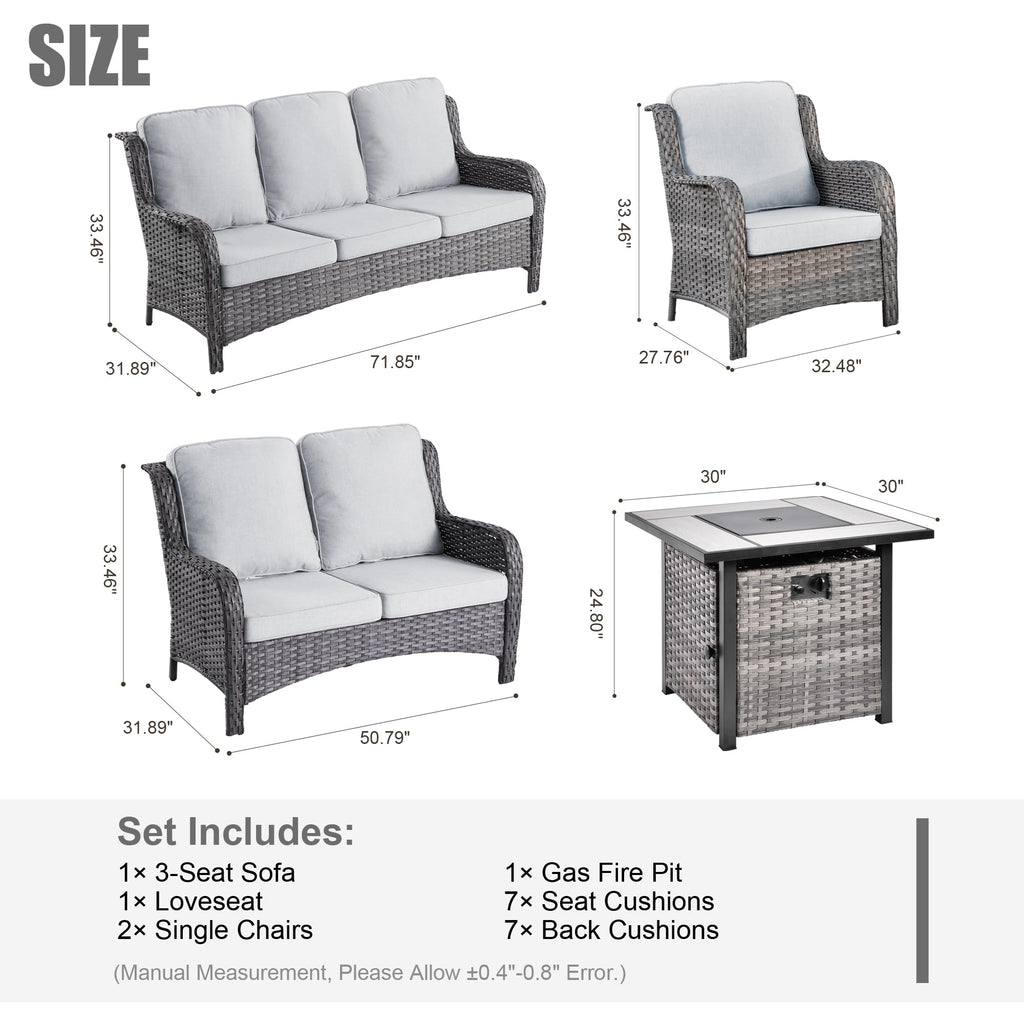 5 Piece Wicker Sofa Set with Fire Pit Table E372