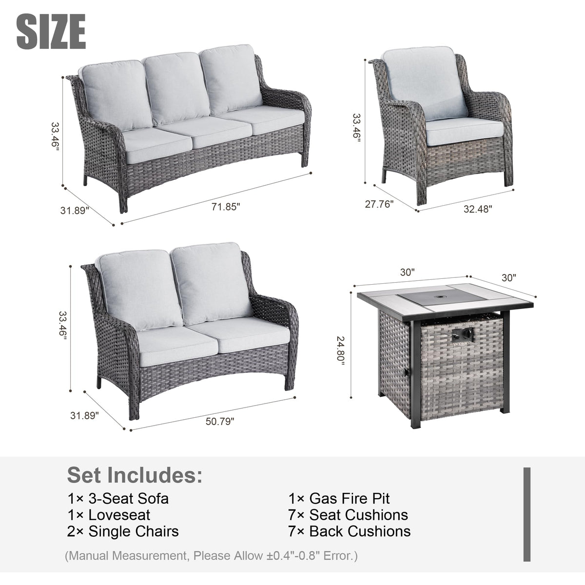 5 Piece Wicker Sofa Set with Fire Pit Table E372
