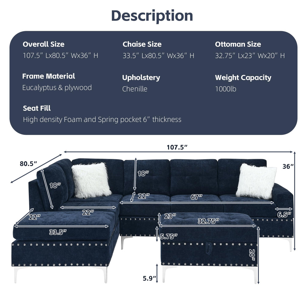 108'' Chenille Navy Blue L-Shaped Sectional Sofa with Storage Ottoman O45356