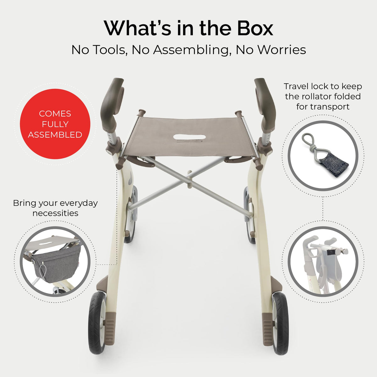 Carbon Ultralight Rollator Walker, 10.6 lbs, Oyster White, Compact P937