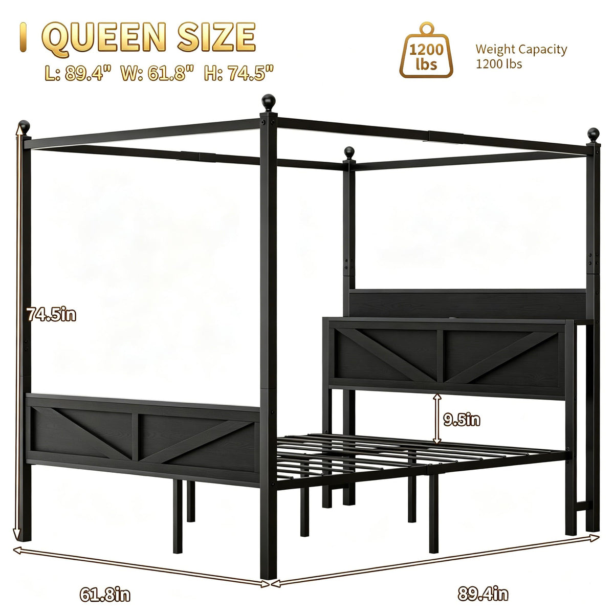 Queen Size Metal Canopy Bed Frame with Storage Headboard I3845