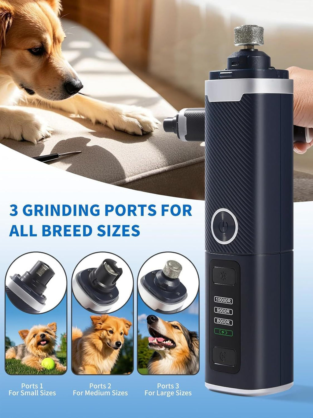 3 Speed Silent Rechargeable Pet Nail Grinder with 2 LED Lights W313