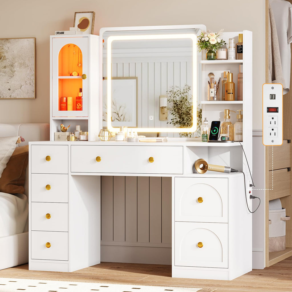 White Vanity Desk with Mirror and LED Lights H602