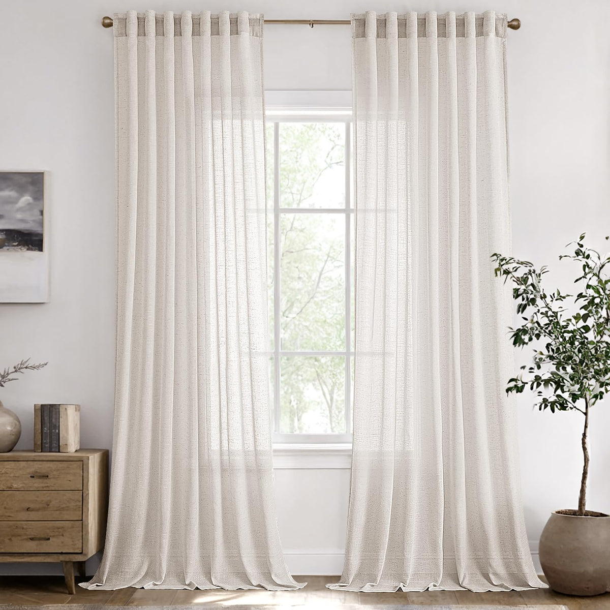 Natural White Semi Sheer Linen Curtains 120 inch 2 Panels X94609