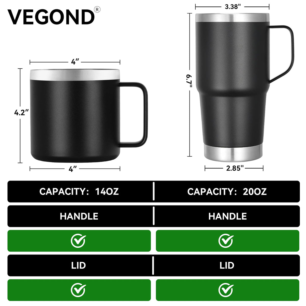 14 oz Insulated Stainless Steel Travel Coffee Mug with Handle and Lid W76726