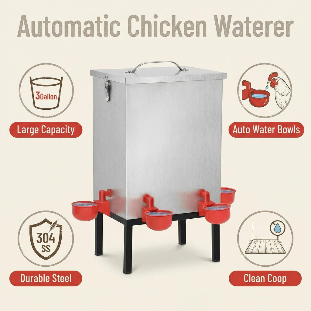 3 Gallon Stainless Steel Chicken Waterer with Cups & Nipples L9754