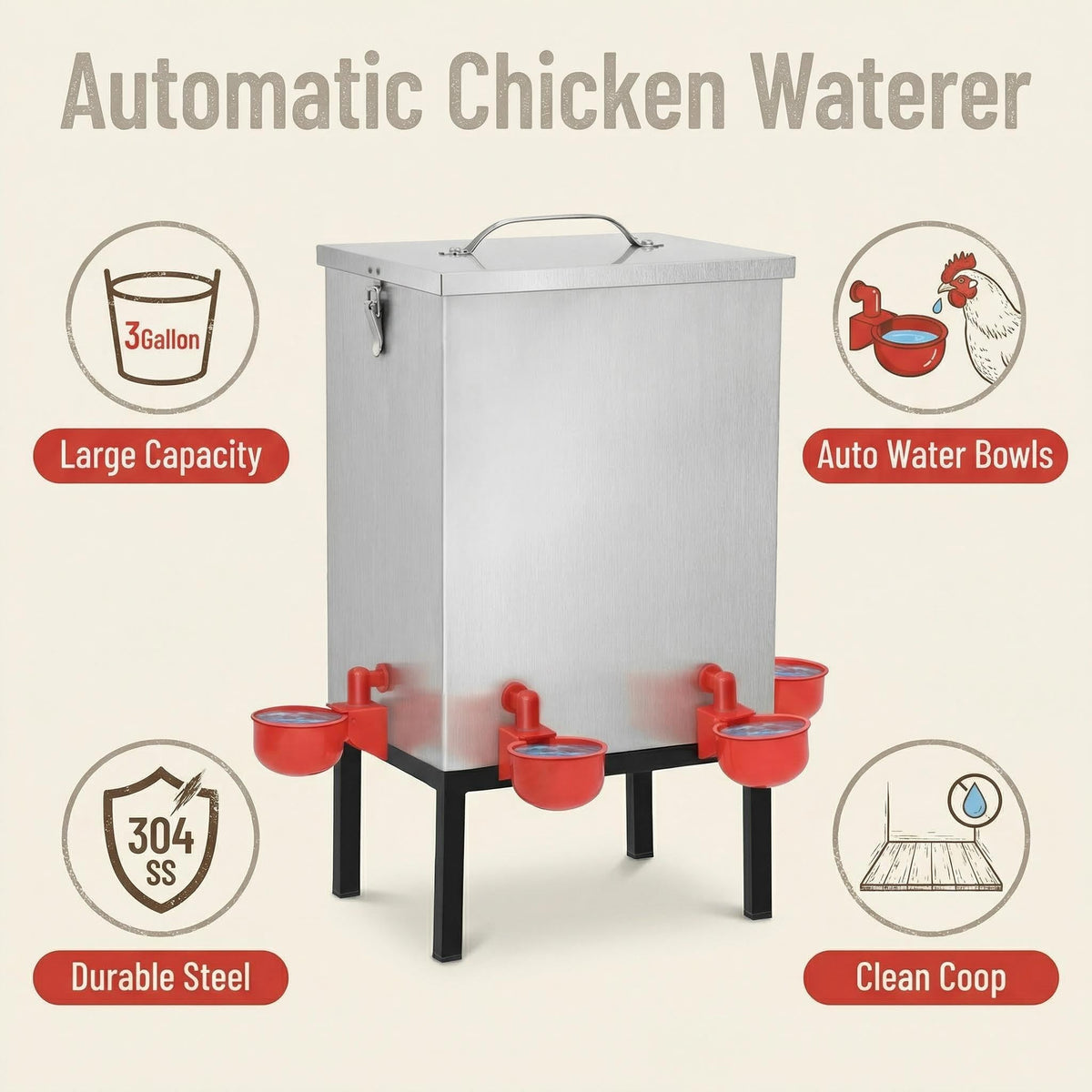 3 Gallon Stainless Steel Chicken Waterer with Cups & Nipples L9754