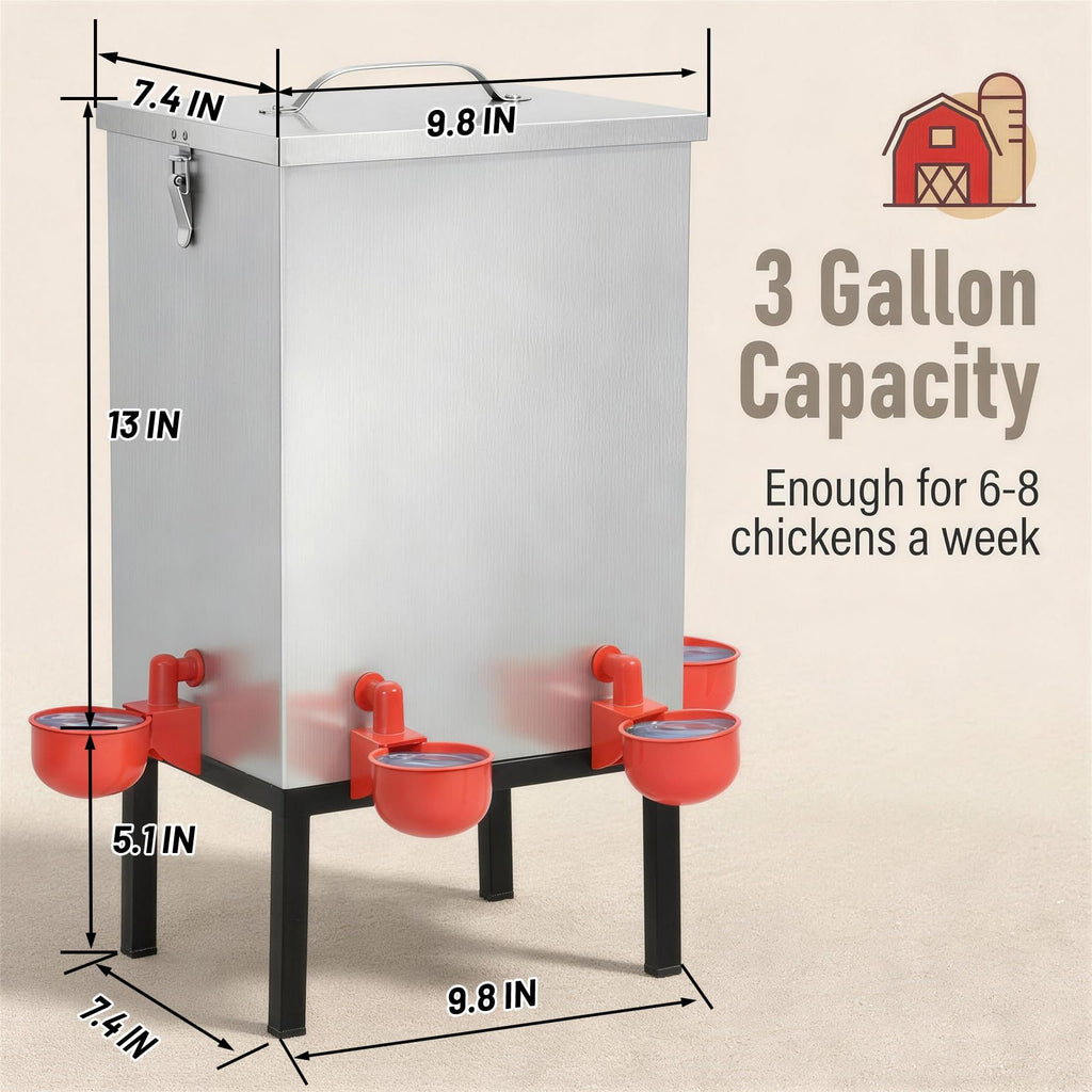 3 Gallon Stainless Steel Chicken Waterer with Cups & Nipples L9754