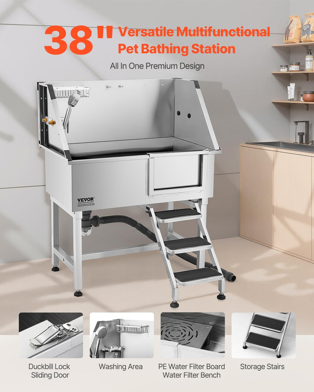 38 Inch Stainless Steel Dog Washing Station with Hot & Cold Faucet T7547