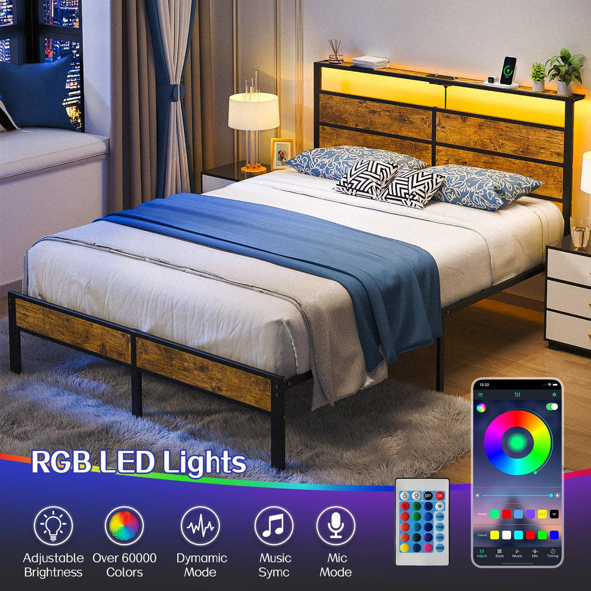 Full Size Platform Bed Frame with Charging Station Headboard and LED Lights T37352