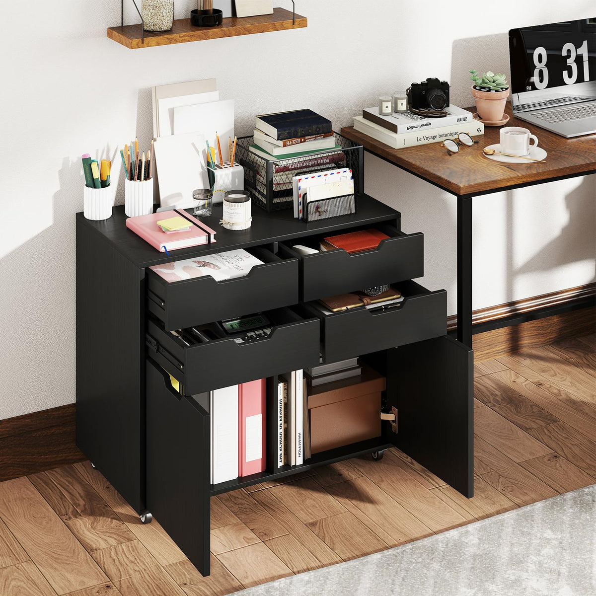 Black 4-Drawer Rolling File Cabinet V4881