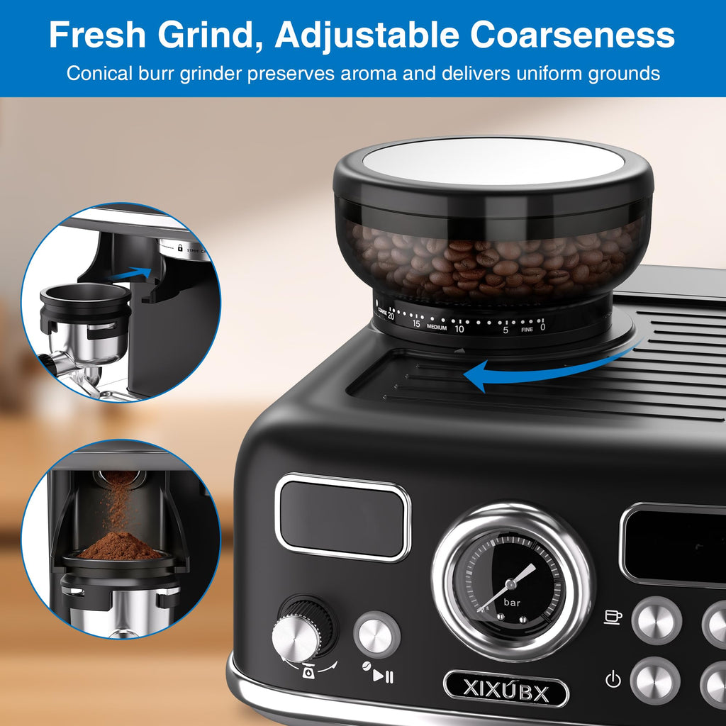 Espresso Machine with Grinder, PID & Programmable Settings, Black U43295