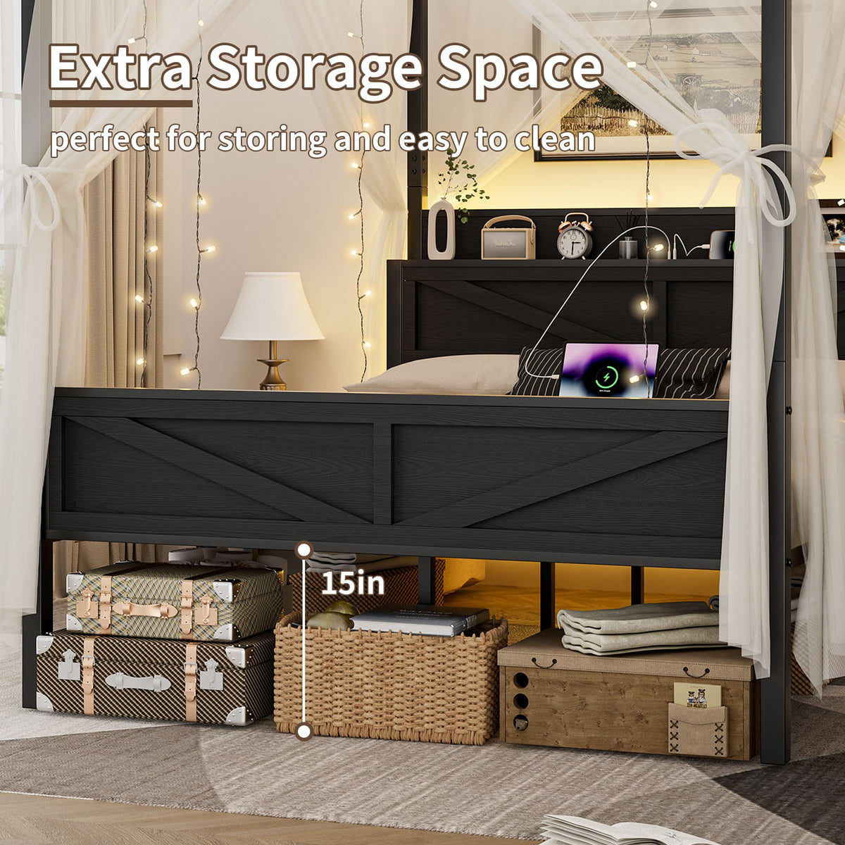 Queen Size Metal Canopy Bed Frame with Storage Headboard I3845