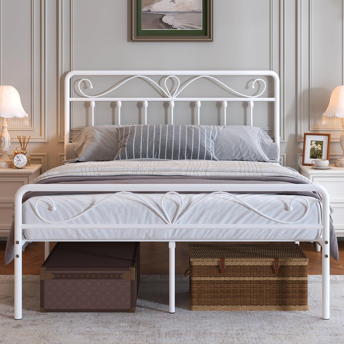 White Metal Full Size Platform Bed Frame with Headboard and Footboard H4143