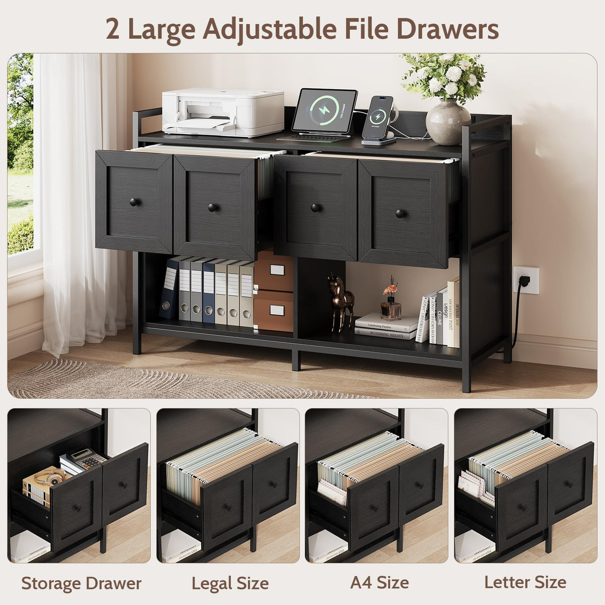 Black 2 Drawer Wood File Cabinet with Power Outlet P134890
